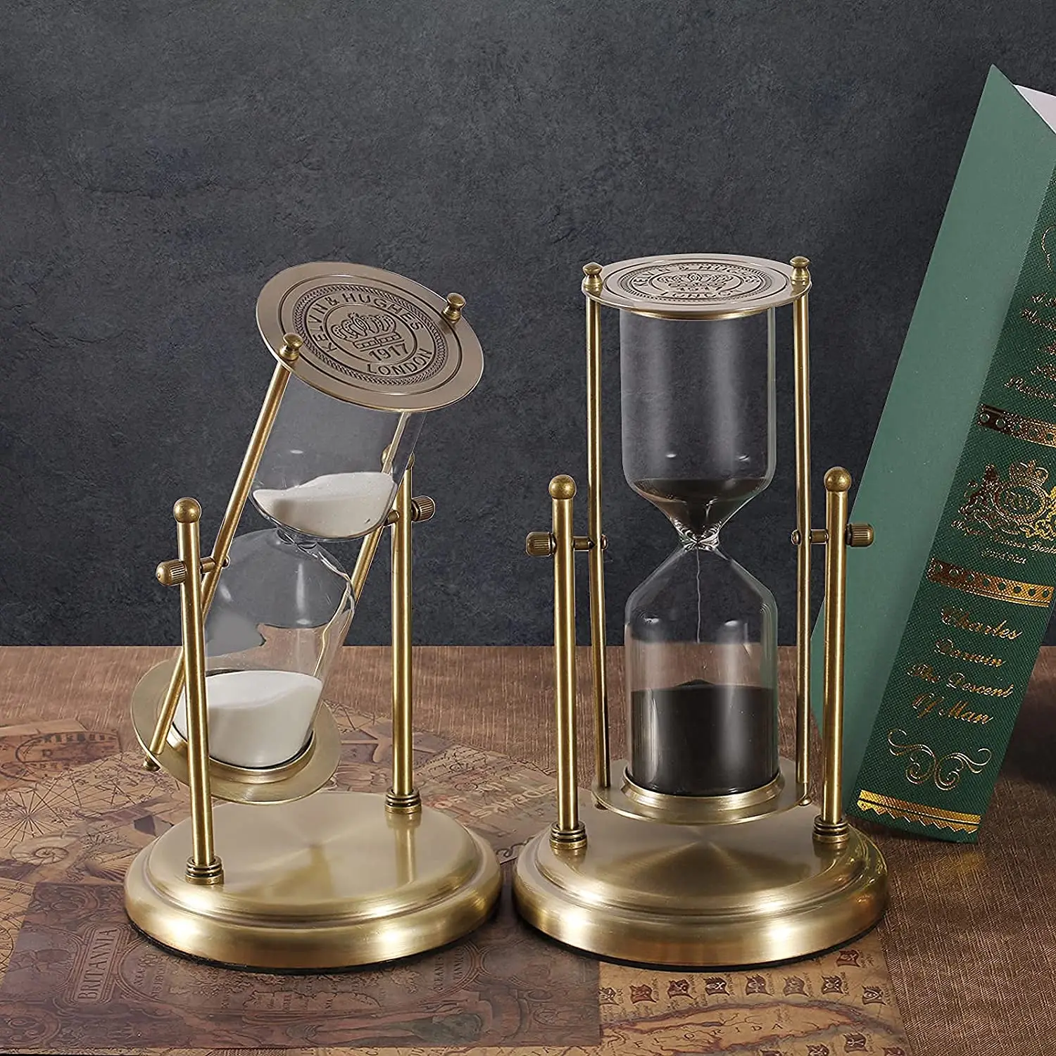 Metal Antique Vintage Kelvin & Hughes 1917 London Rotating 10 Minutes Hourglass Sand hourglass Flip Sand Timer