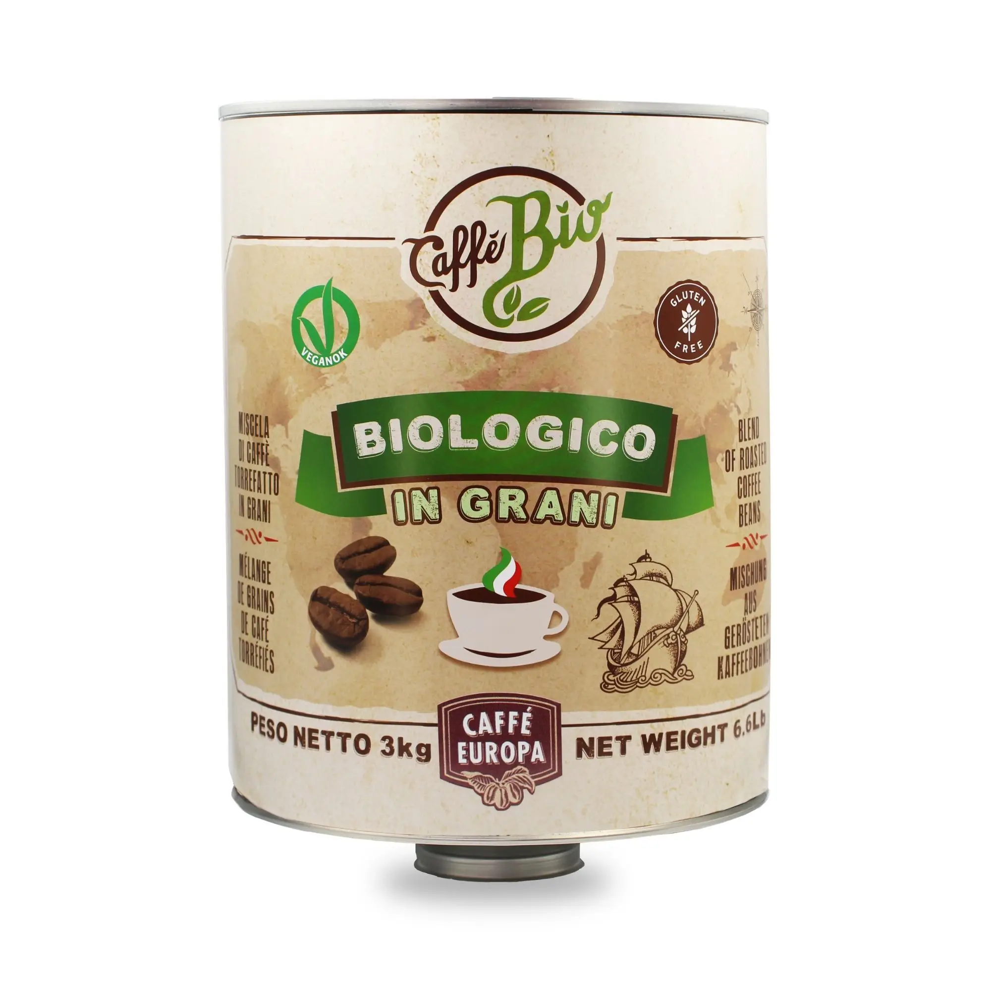 Organic, Vegan and Gluten Free Coffee Beans Caffe Europa 80% Arabica   20% Robusta Blend Delicate Taste 3Kg Tin (1600273523256)