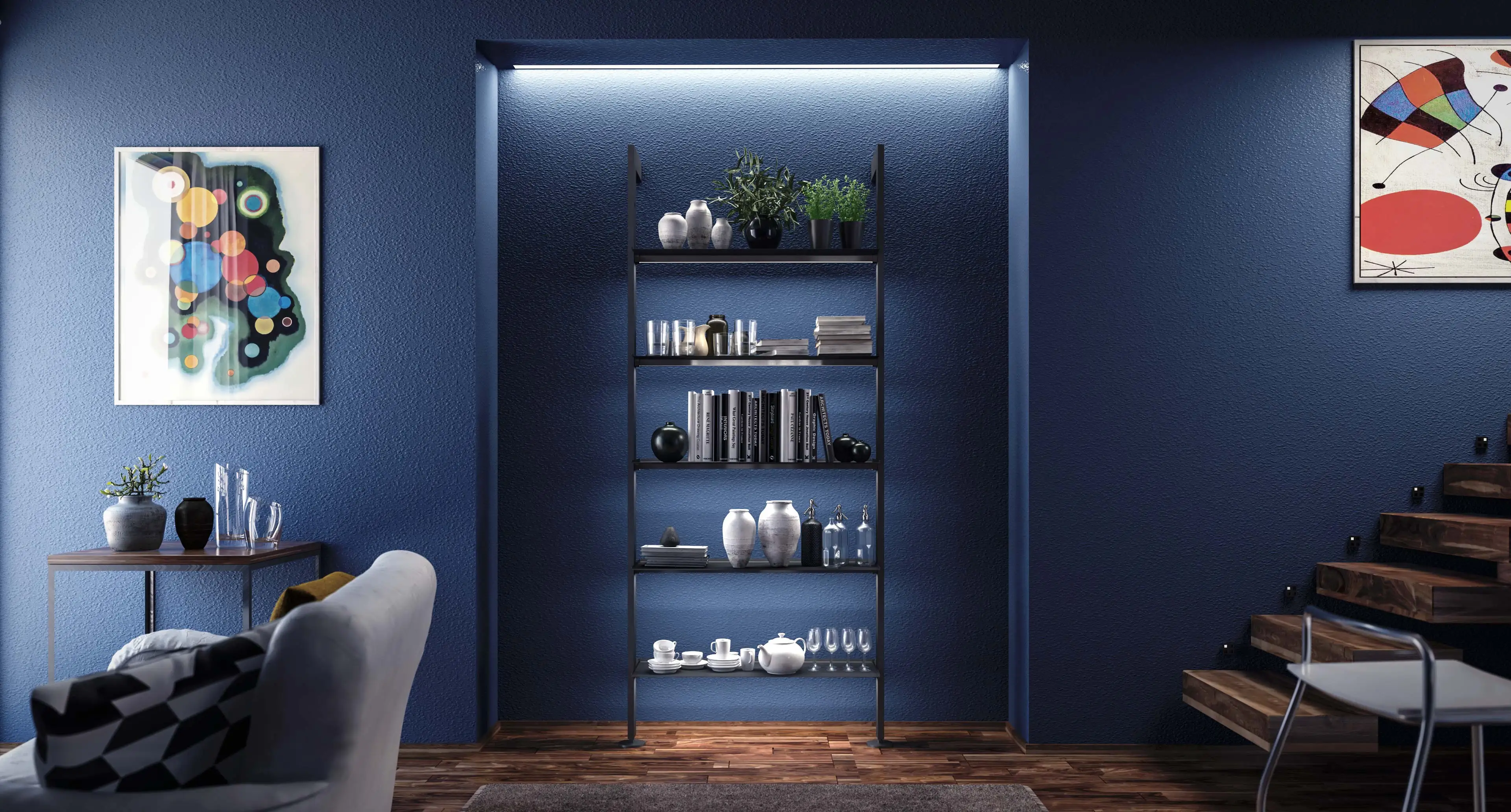 Made in italy modular wall-mounted bookcase with metal or wooden shelves for home and office