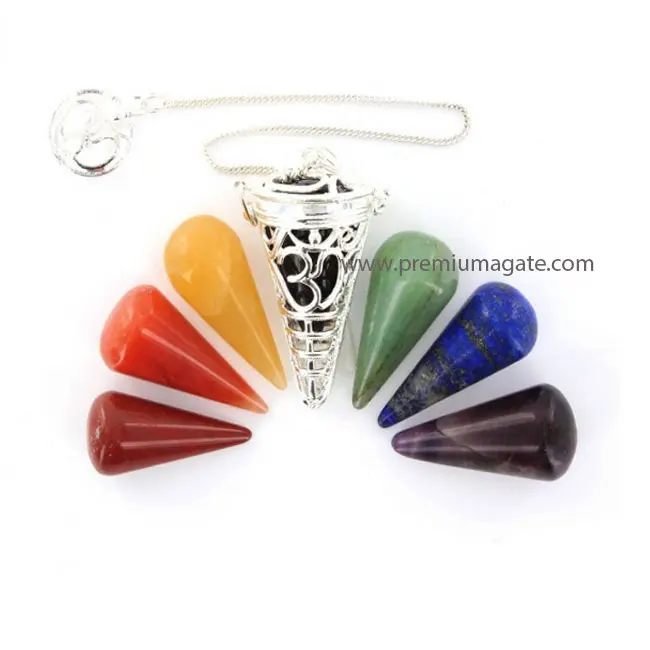 Чакра Om клетка маятник с семью чакр каменные конусы: онлайн чакра доусеров из Индии