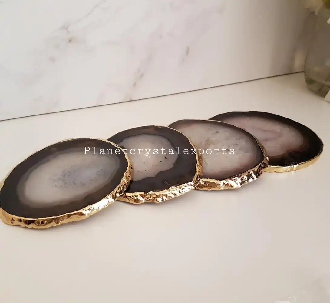 Agate Coaster/Wholesale Natural Black Agate Coaster With Gold & Silver Plated Rim Buy From Planet Crystal Exports