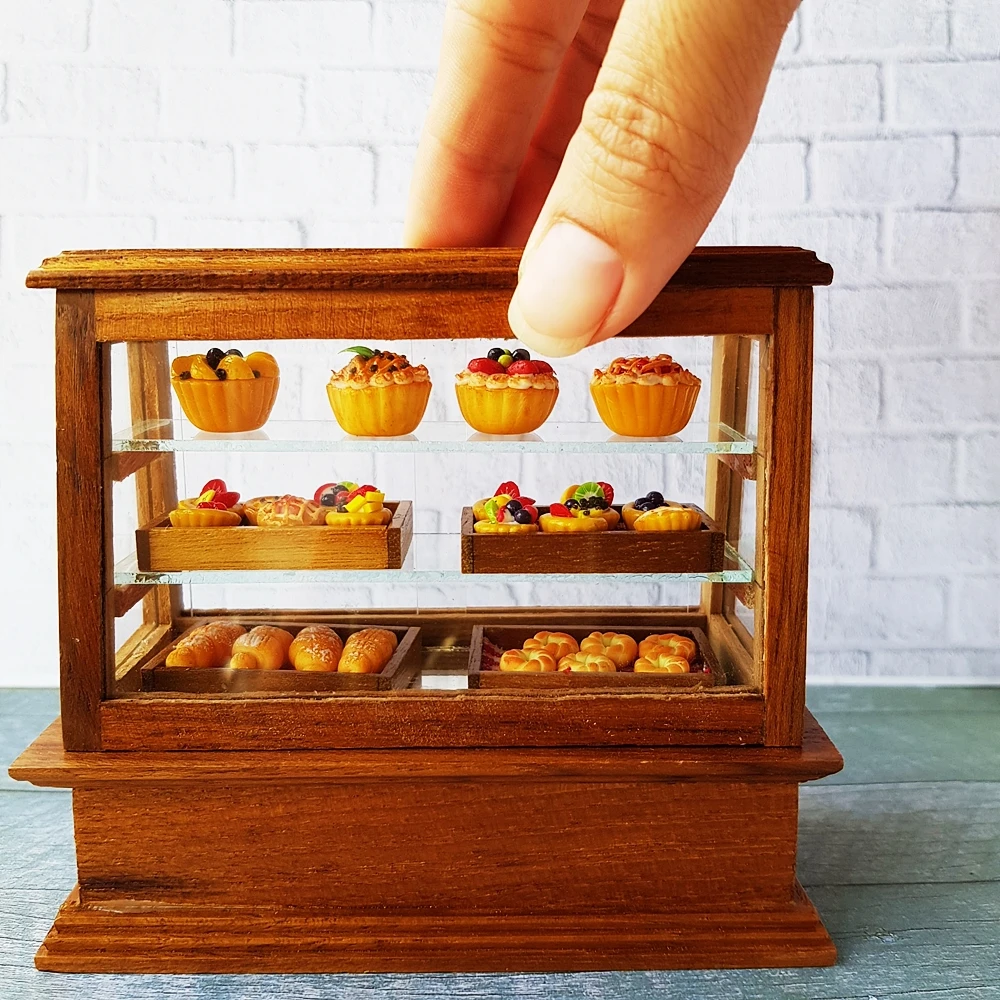 Dollhouse Miniature Wooden Wood Cabinet Shelving Cake Bread Bakery Display