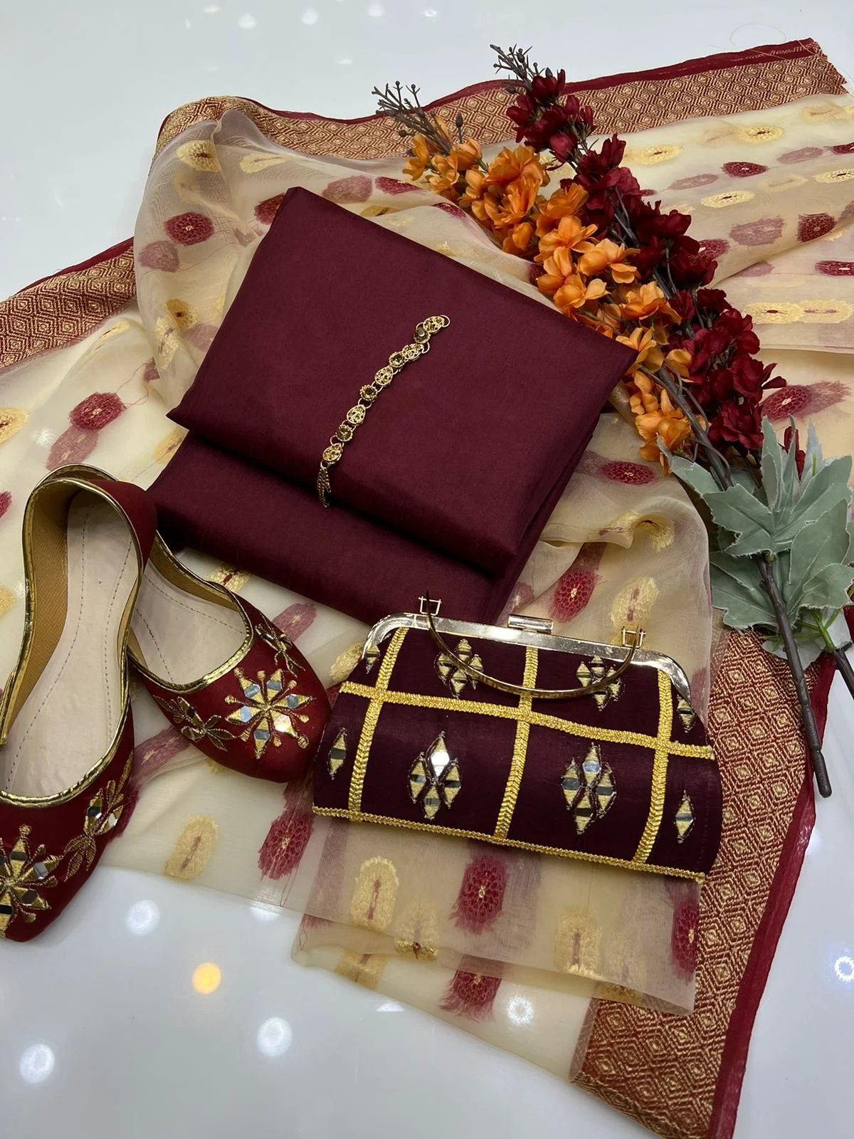 Pakistani Women Clothing 3 Piece Kattan Silk Suit with Printed Organza Dupatta with Clutch & Khussa