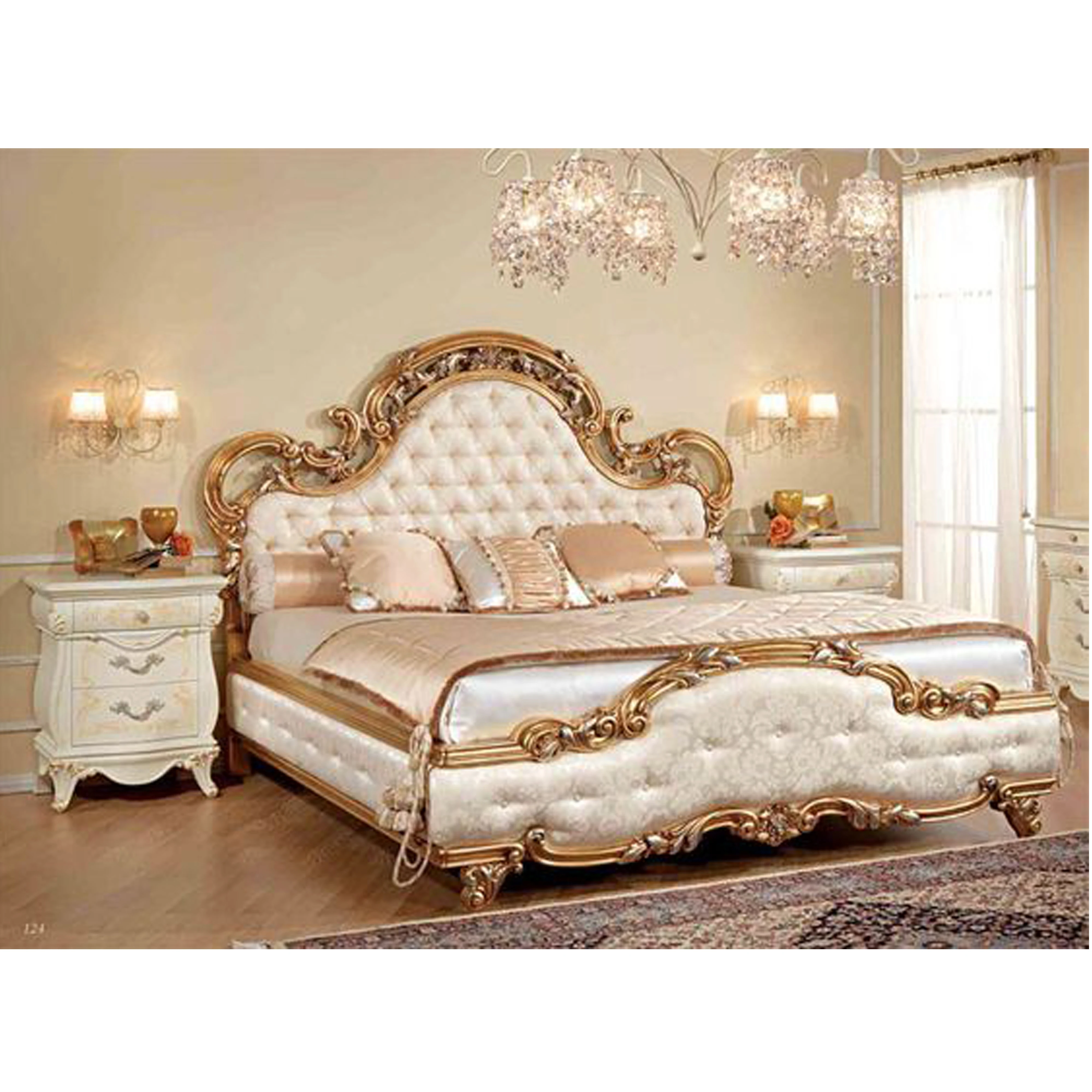 Luxury Fancy Bed Wood Furniture King Size Bed Frame Italian Style Wood Carved Bed for Home Bedroom Furniture Set