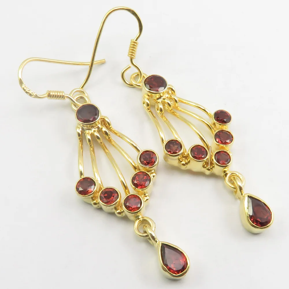 
925 Solid Silver Gold Plated Collectible Gemstone Jewelry Garnet Earrings 5.1 cm 