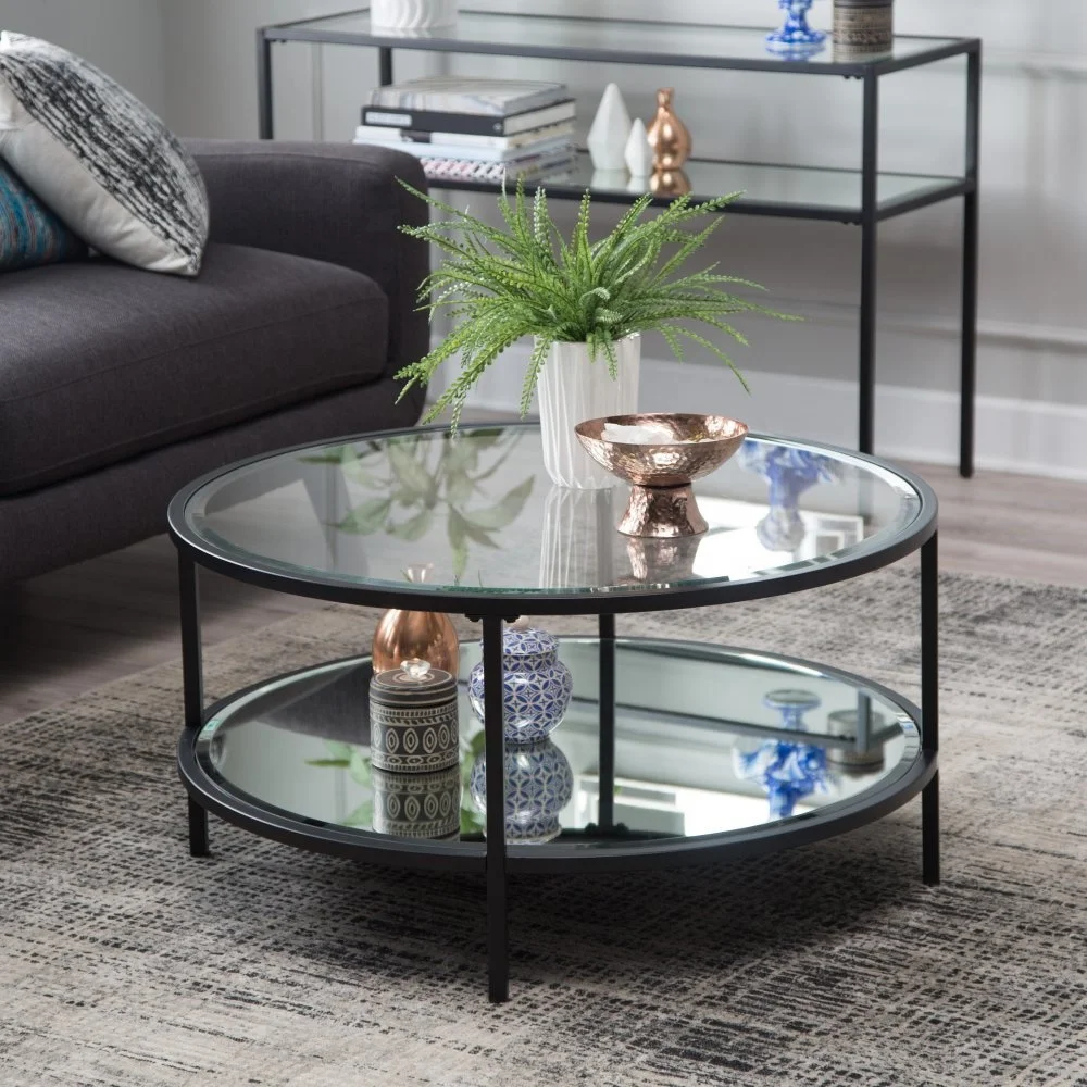 Lamont Round Coffee Table Metal and Glass Black Living Room Furniture Modern 2 in 1 Coffee Table Set EXW Advance Iron, Glass