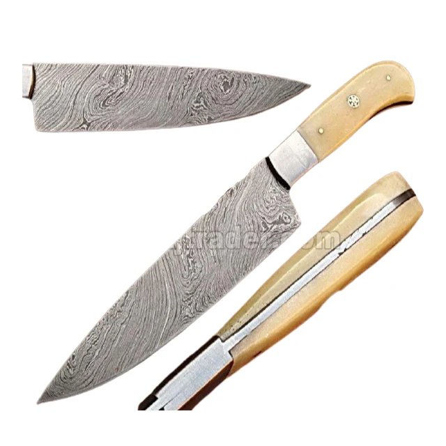 Поварской нож ручной работы из дамасской стали, верблюжья косточка, мусаическая булавка и стальная подушка