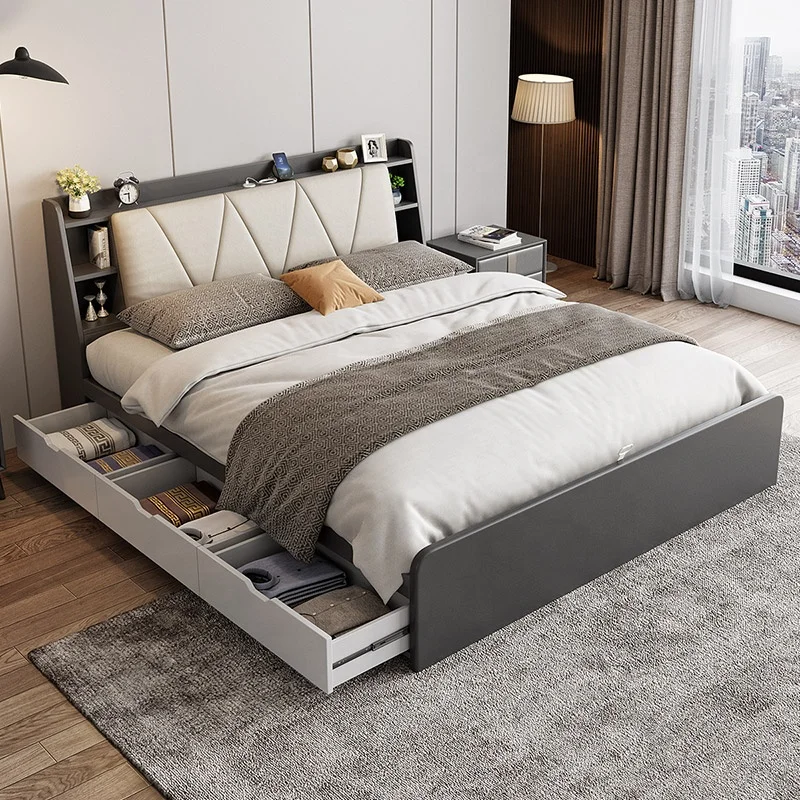 High Quality Bed Room Furniture Bedroom Double Size Storage Wooden Mattress Bed with Drawers