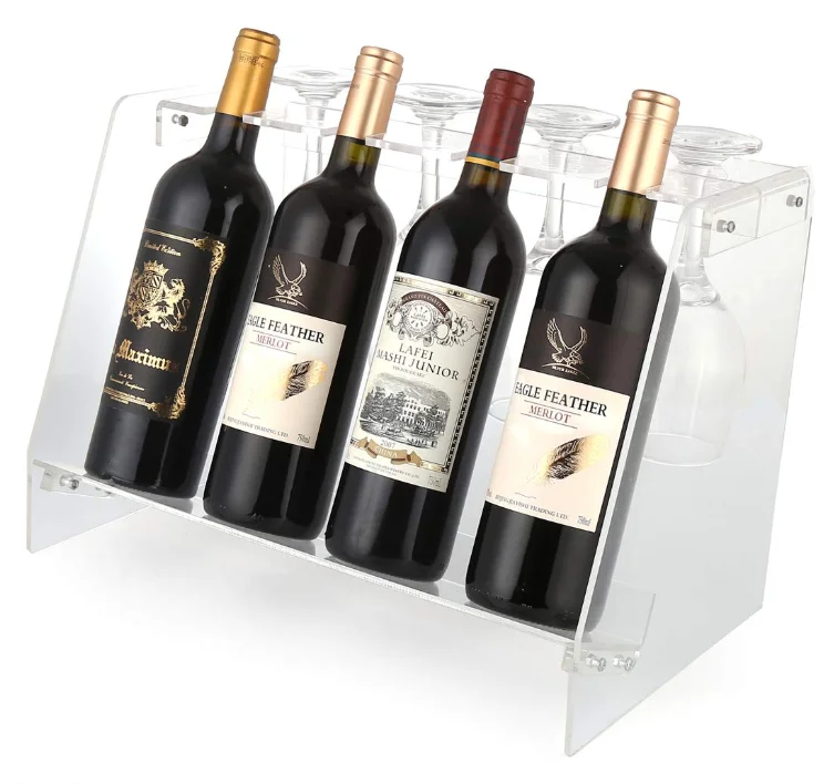 Modern 4 Bottles And 4 Glasses Countertop Acrylic Free Standing Tabletop Display Wine Rack