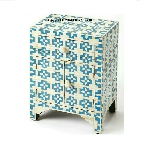 Quality Handicrafts Bone Inlay Bedside  Floral Two Drawer Bedside Bone Inlay nightstand Blue End Table Living room Furniture