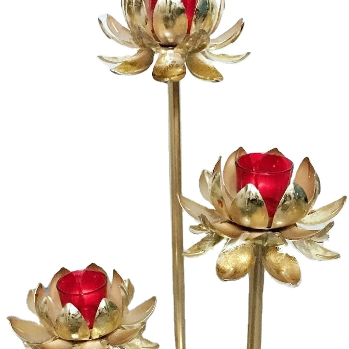 Iron Metal lamp  with red glass t light an gold platting lotus design  decorative piece giftable item also for Diwali decoration