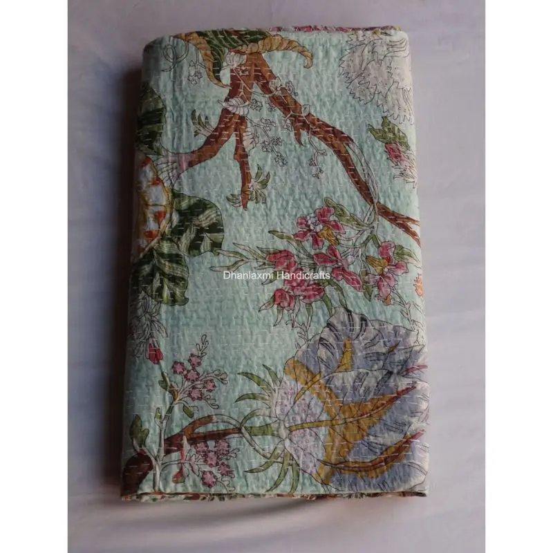 Новое Хлопковое одеяло Kantha ручной работы в индийском стиле небесно-голубого цвета с цветочным принтом красивое домашнее украшение оптом покрывало