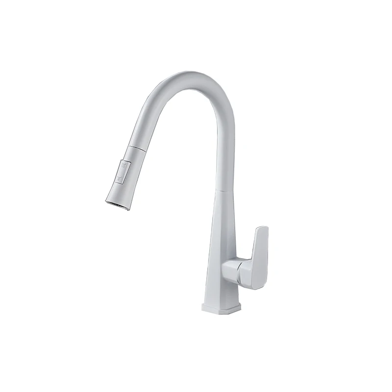 Modern High Grade White Copper Flat Head Three-way Horn Pull out Down Kitchen Tap Faucet