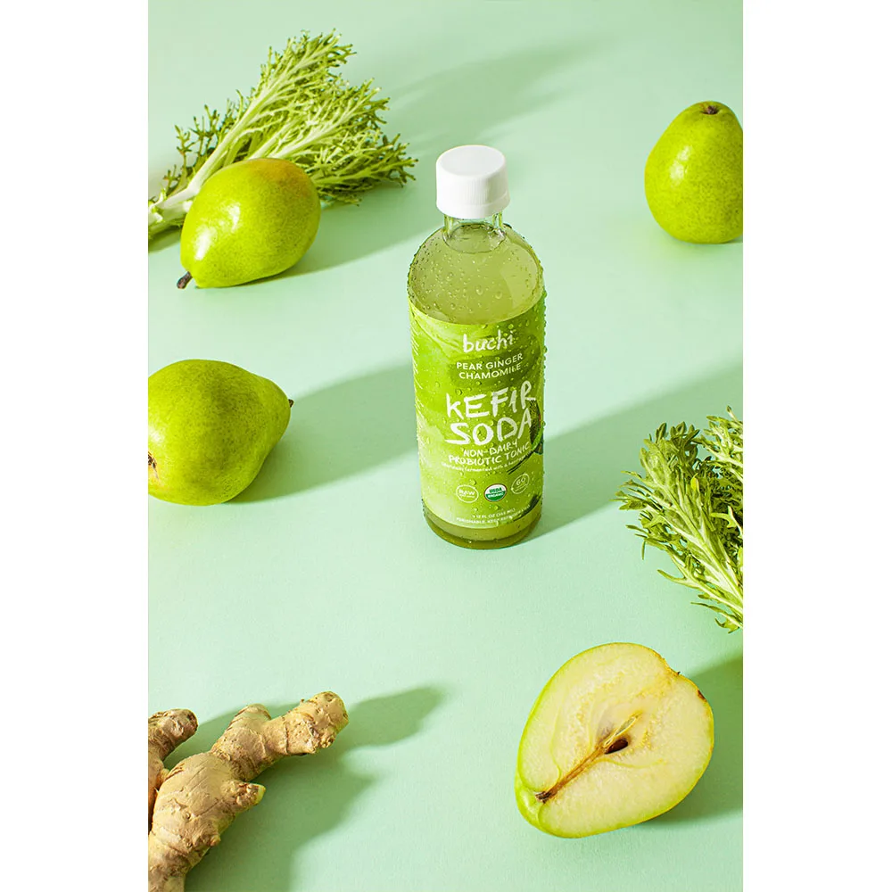 Buchi Kefir 6/12oz Pear Ginger Chamomile Organic Kefir Soda Non Dairy Probiotic Tonic Premium Quality