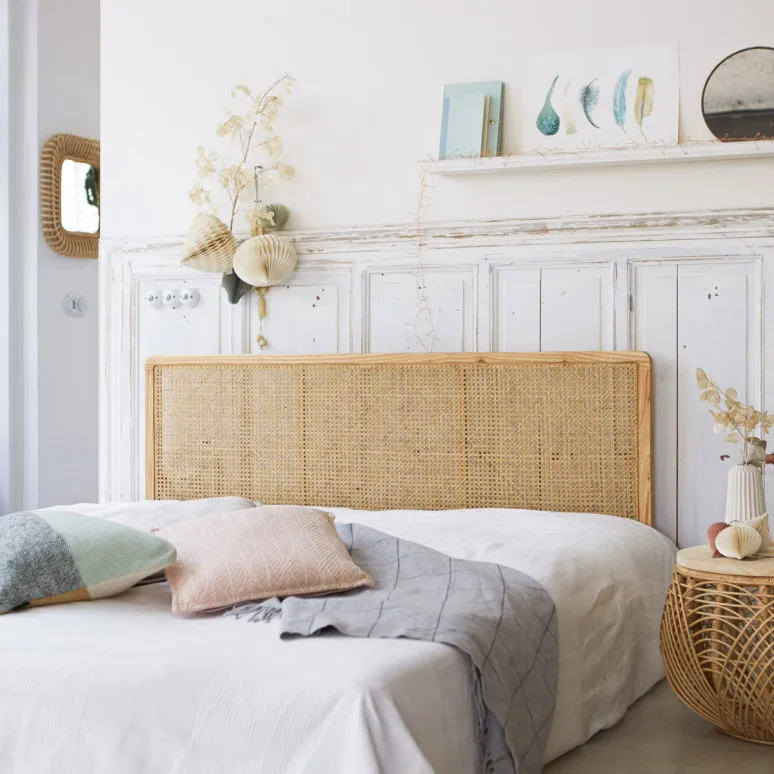 Wooden headboard with rattan cane