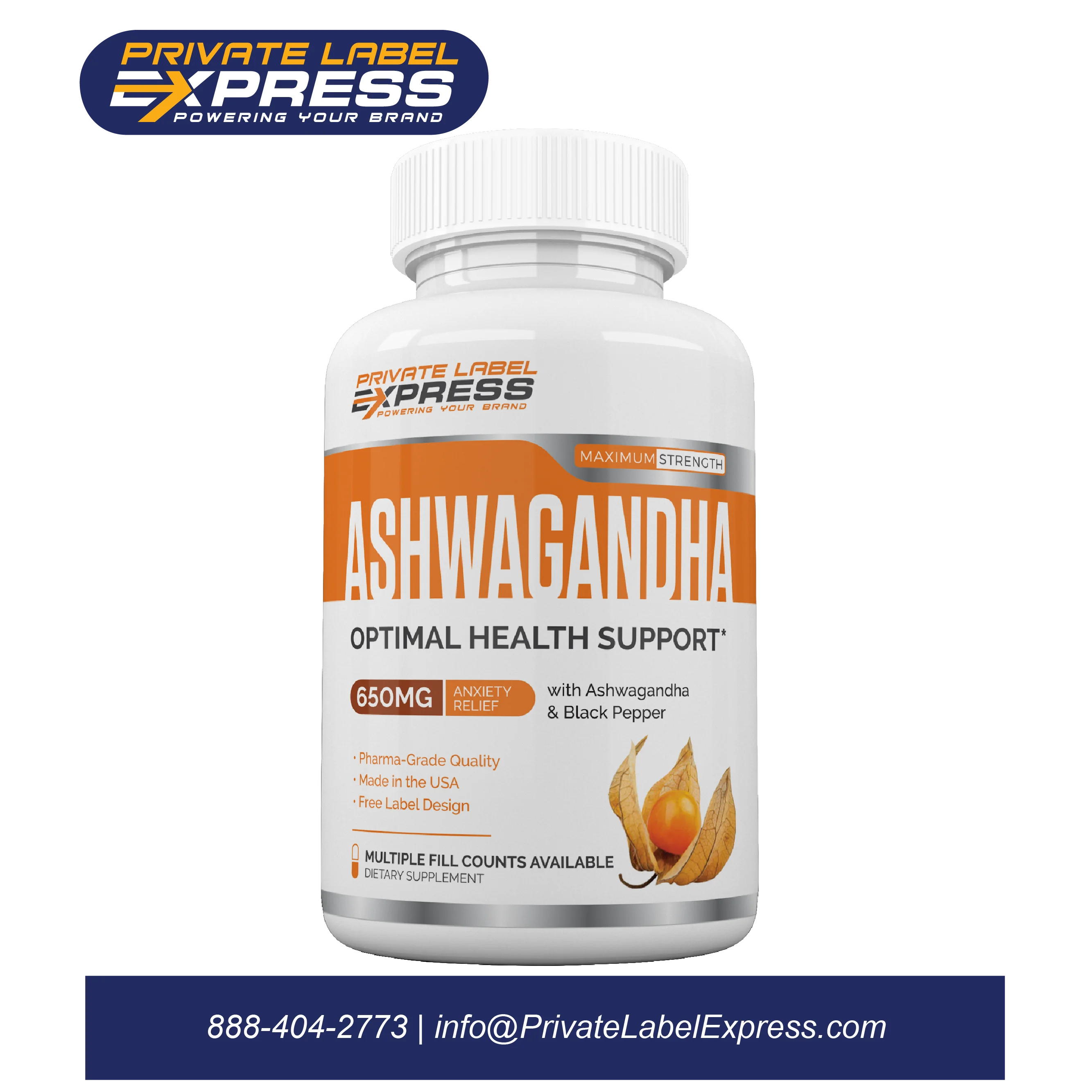 
Ashwagandha 650mg per capsule w/Black Pepper, 60 Count - Vegetarian Capsules 