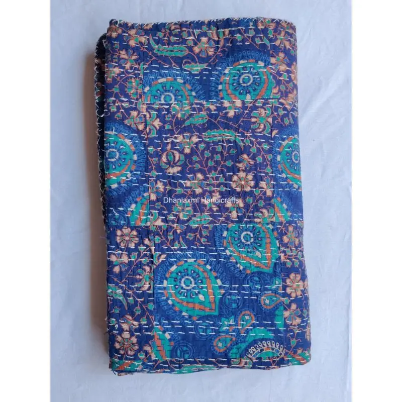 Хлопковое одеяло Kantha ручной работы индийский дизайн зеленый цвет нашивка принт Gudari красивый домашний декор покрывало оптом