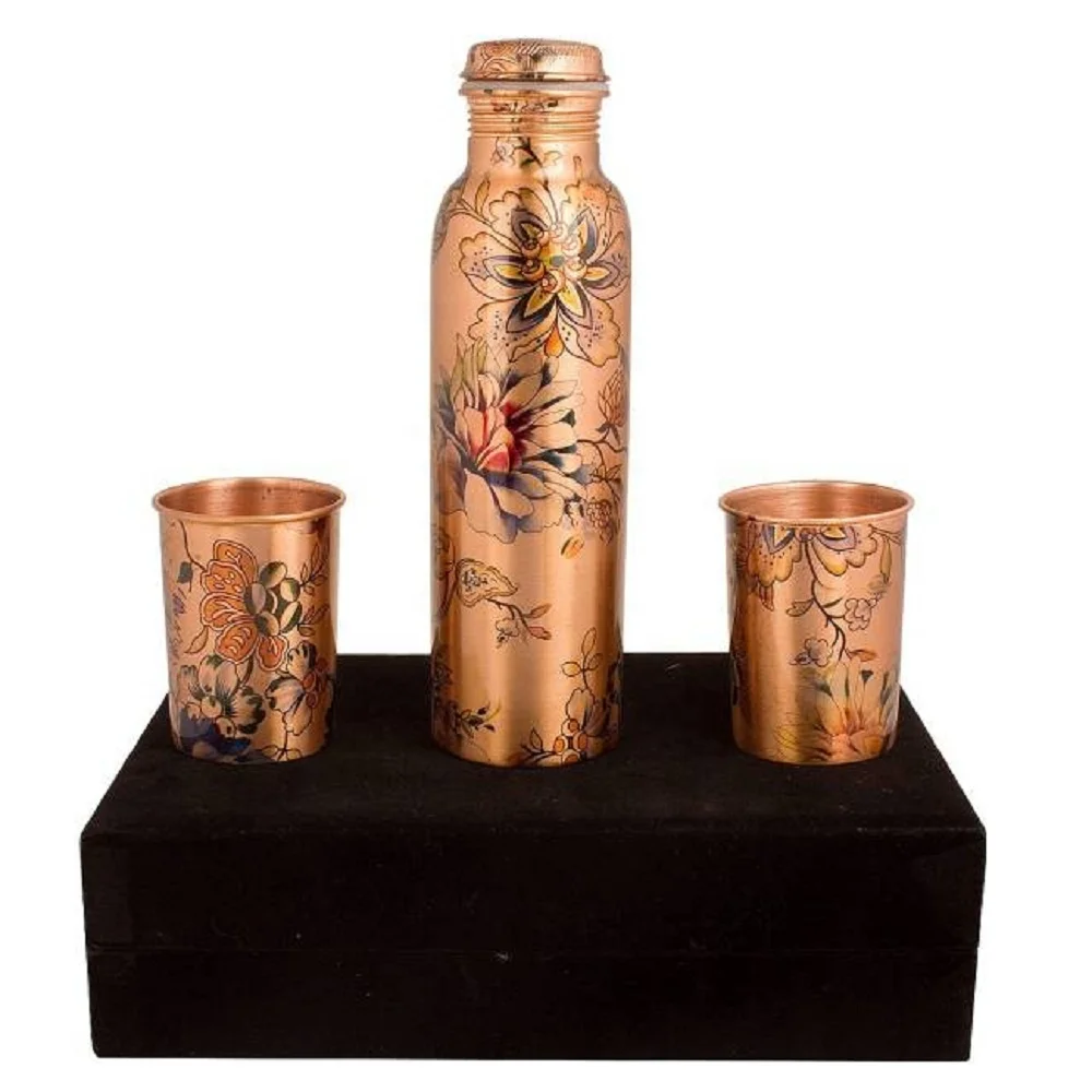 Modern Gift Pack Premium Pure Copper Water Bottle With Glasses Hand Hammered Decorative Copper Water Bottle