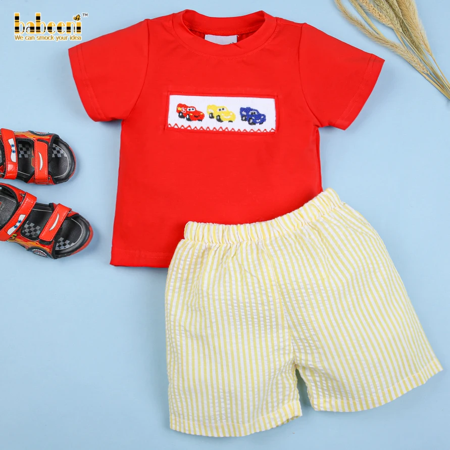 Cute car smocked short set for boys OEM ODM customized hand made embroidery wholesale manufacturer - BB2298