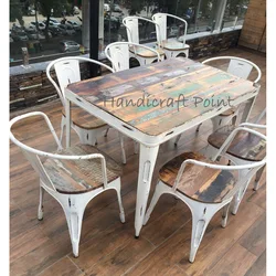 White Distressed Industrial Arm Chairs And Table With Reclaimed Color Wooden Top 4 Or 6 Seating