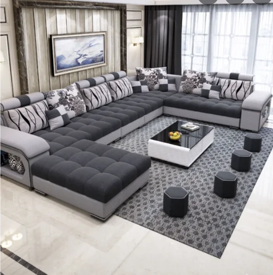 TRIHO S81057 Modern Design Fabric Linen Wood Beige Grey Modular Recliner Corner 7 Seater Sectional Sofa Set Furniture Couch Livi