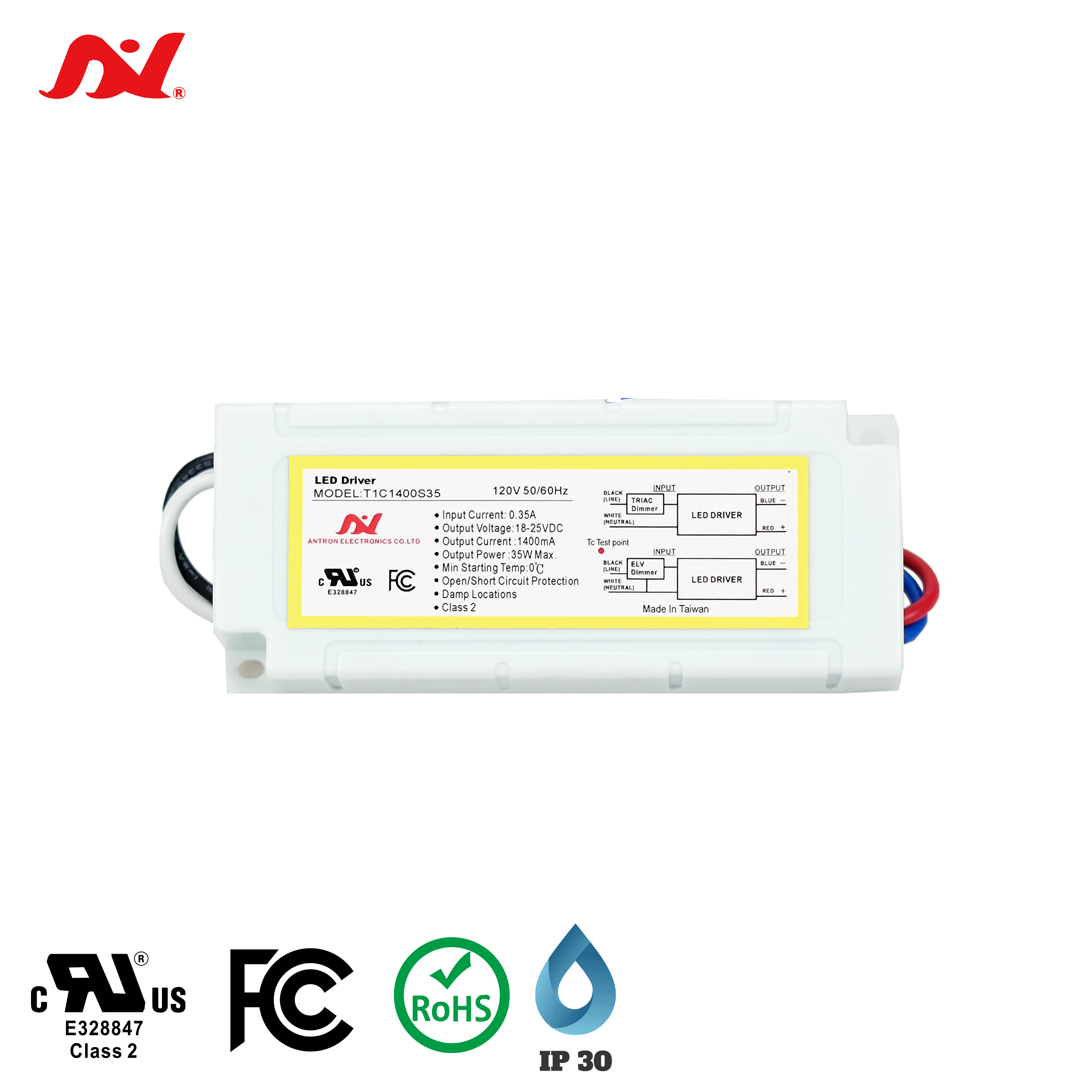 35W Small Triac Dimmer LED Driver 120Vac IP30 UL