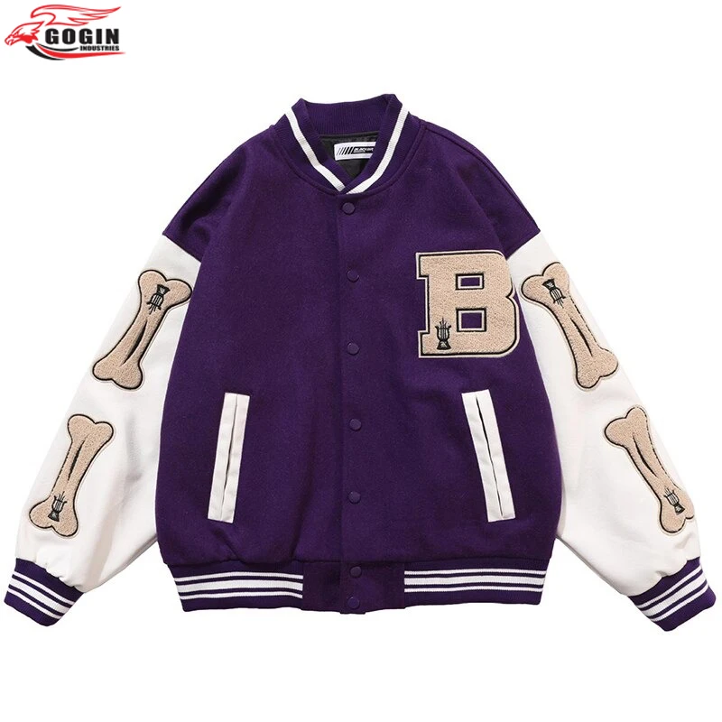 Wholesale Hip Hop Furry Bone Patchwork Color Block College Jackets Mens Casual Bomber baseball Jacket Women Baseball Coats