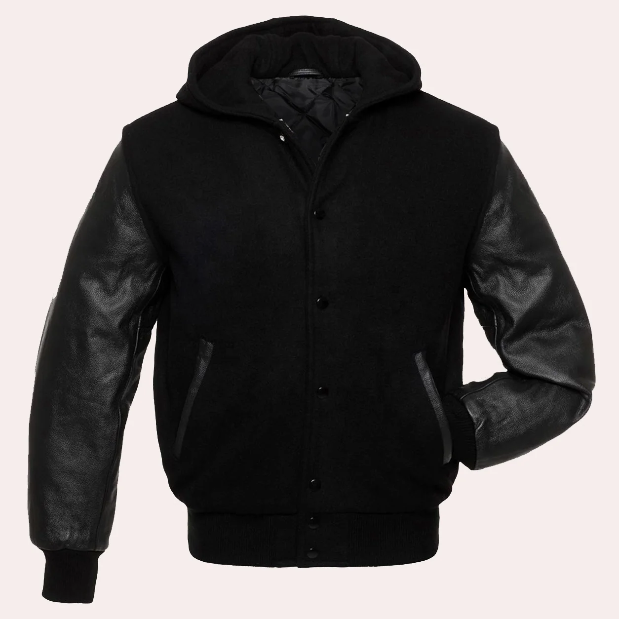 
2020 Wholesale Men Custom black wool body and Cow leather sleeves Baseball Letter man style Hooded Varsity Jacket 