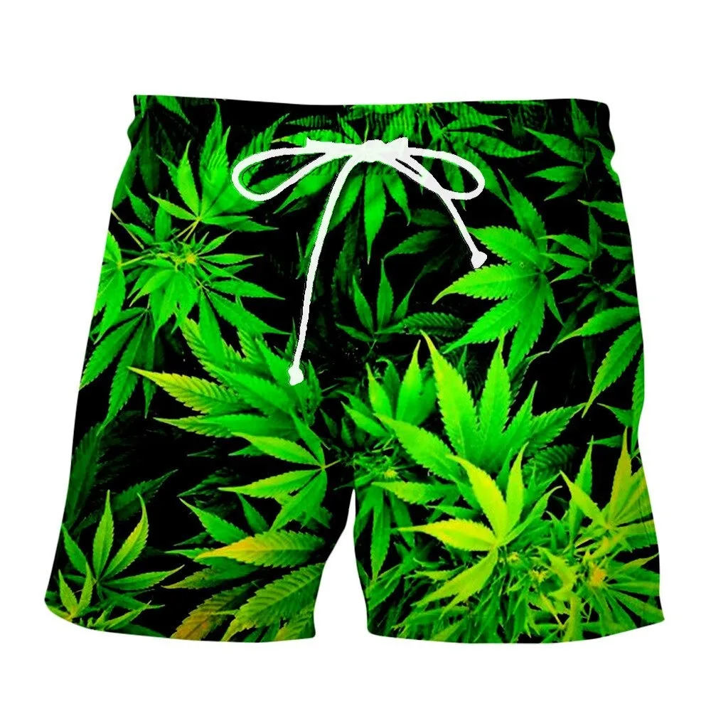 Best funny natural weeds cook fresh green weed leaves print 3d beach shorts cool man summer aesthetic swimsuit shorts dropship