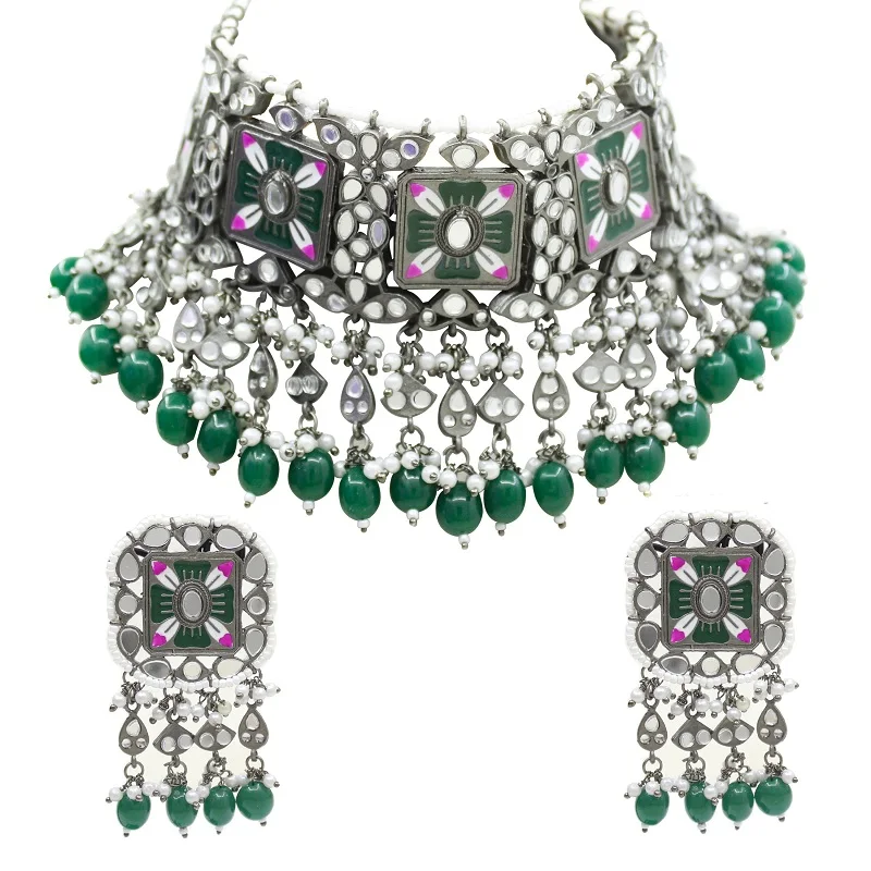 Alex Jewellery - Mirror Work Oxidized Choker Necklace With Earring Jewellery set