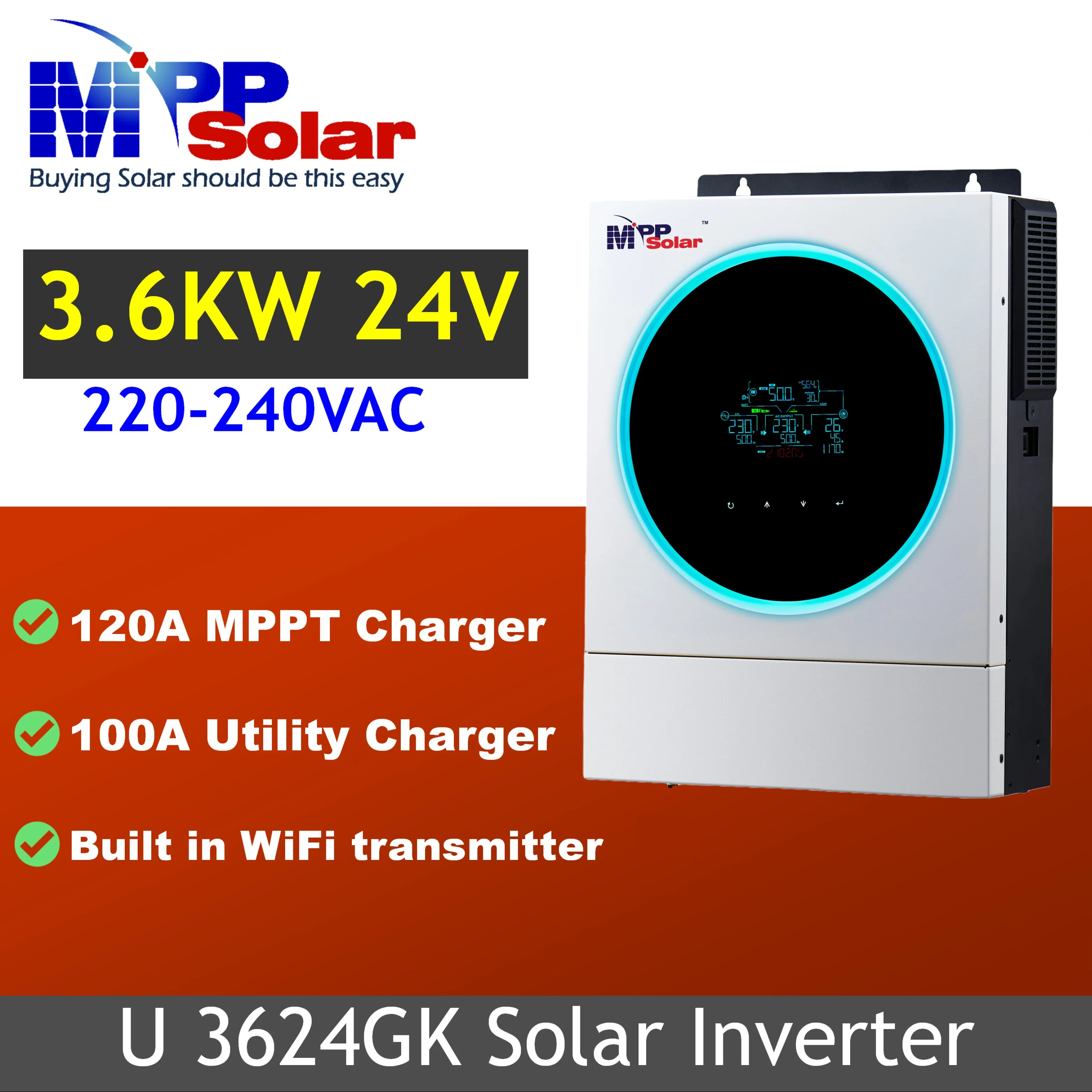 3600w 230vac со слежением за максимальной точкой мощности солнечный инвертор питания 24v высокая PV вход 500vdc 120A зарядное устройство 100a батарея