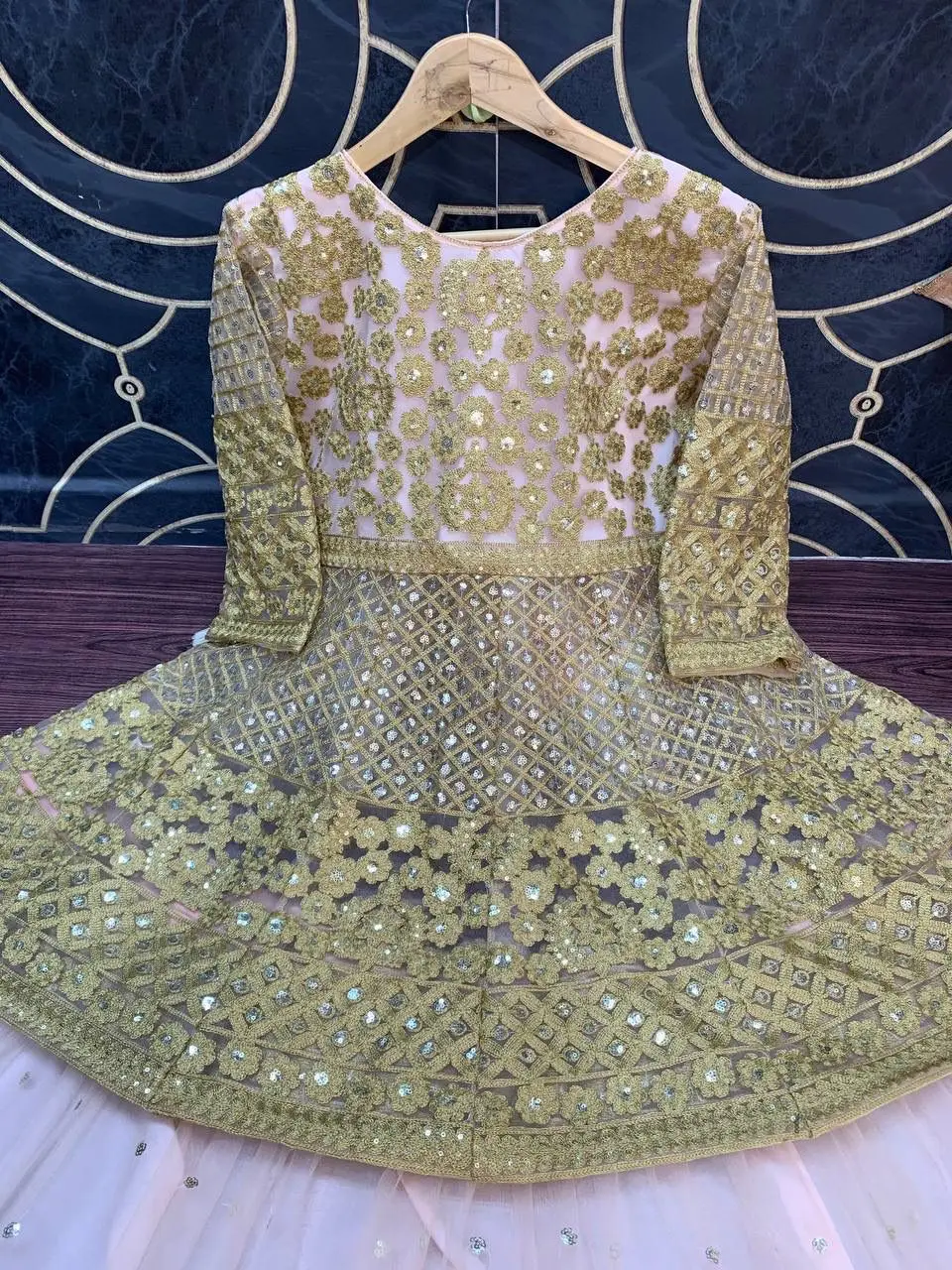Indian bridal wear embroidery work heavy soft net chine sequence work lehenga with heavy net border dupatta and full choli