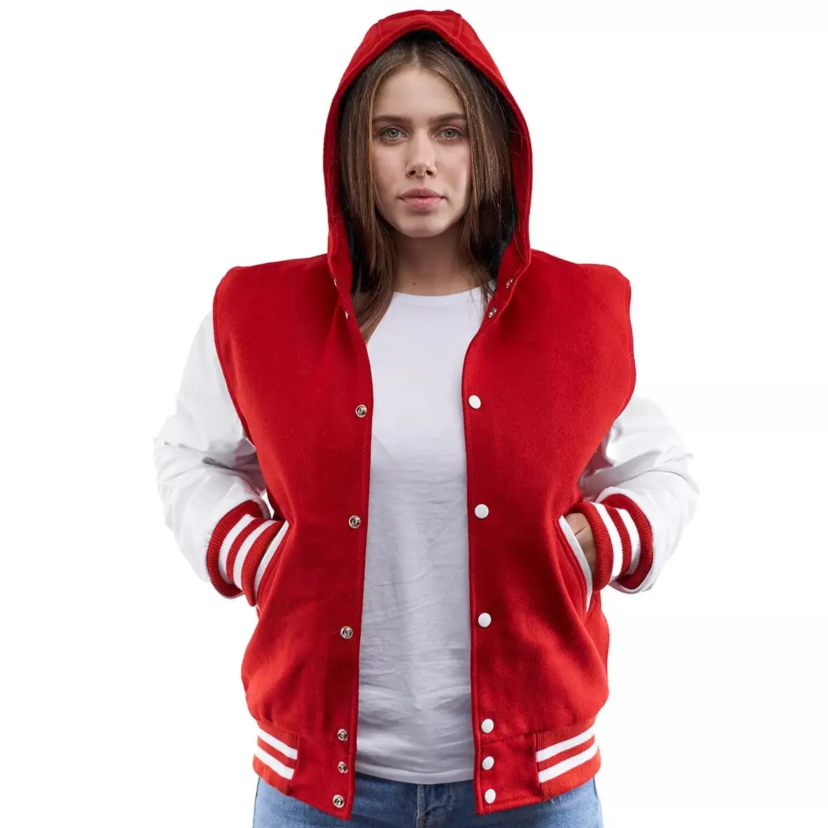 2021 Индивидуальные женские куртки Varsity Letterman шерстяное боди красные с белыми кожаными рукавами женская зимняя куртка-бомбер сафари