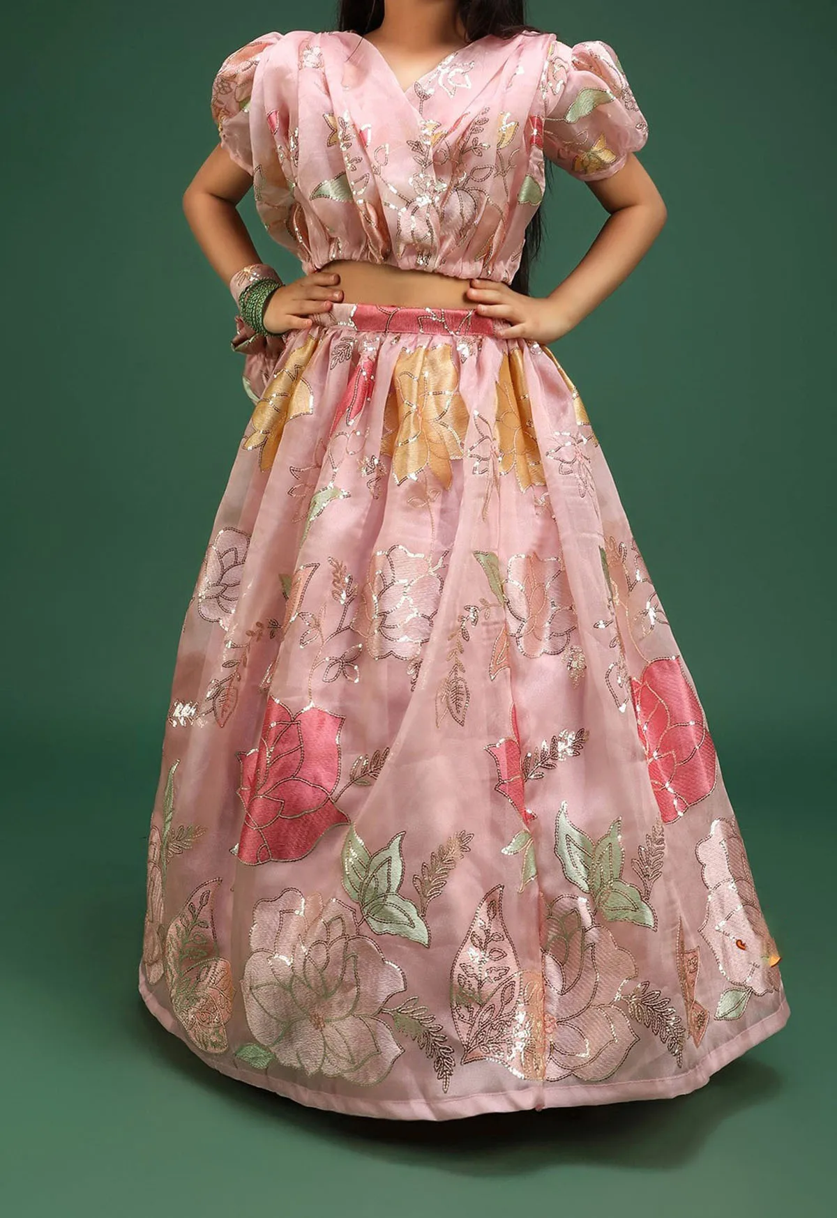 New Stylish Design Pleated Girls Kids Wear Sequin Thread Work Unique style Blouse Lehenga V neck Organza Satin And Shantoon