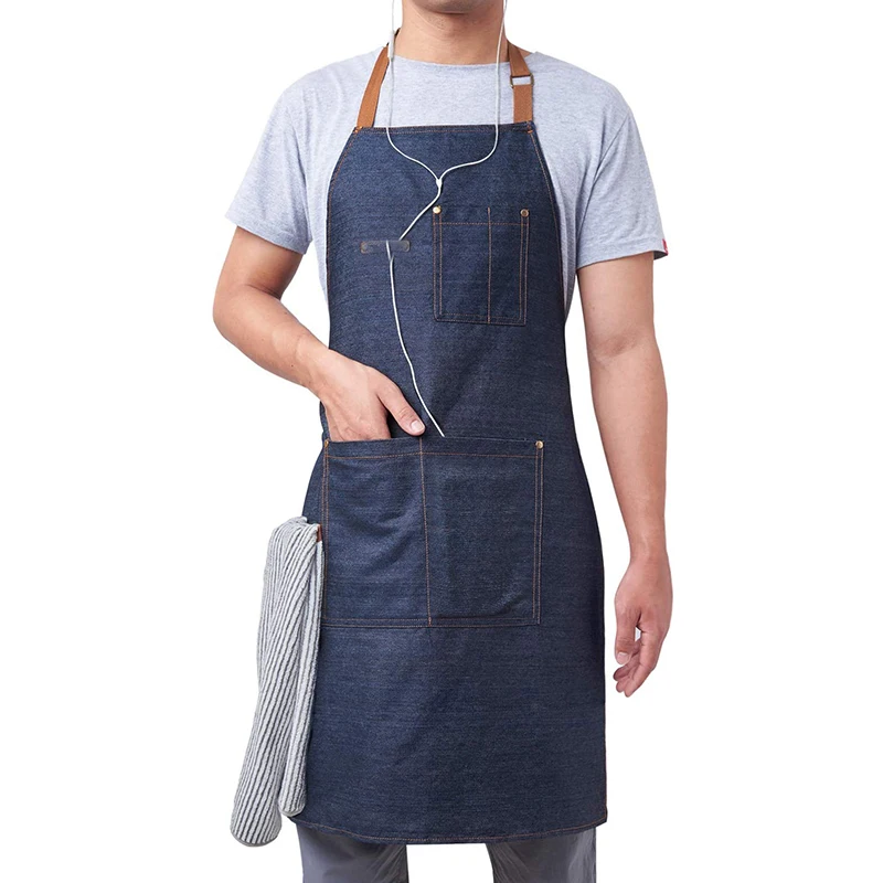 Adjustable Stylish Denim Bib Jean Aprons With 3 Pockets For Unisex