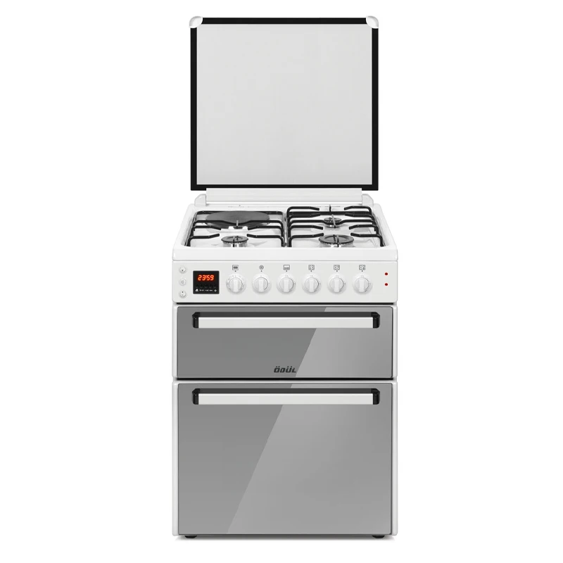 White Top Table 3 Gas Burners 1 Hotplate Digital Timer White Body Mirrored Glass Doors Double Cavity Free Standing Cooker