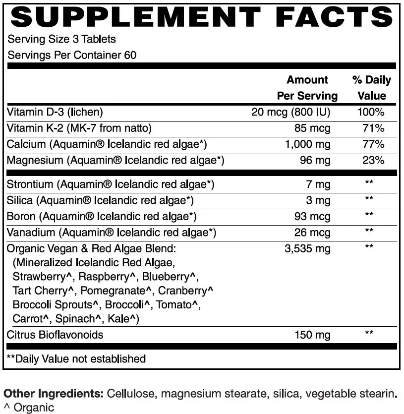 Algae/Plant Based Calcium Supplements with Magnesium, Vitamin D3 & More - Increase Bone Health - Natural Ingredients - 180 Tabs