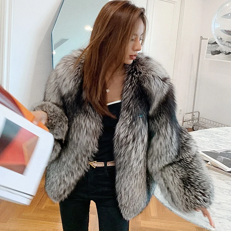 
Winter Luxury Real Fox Fur Coat Slim Long Grey Fur Jacket Women Fur Coats 