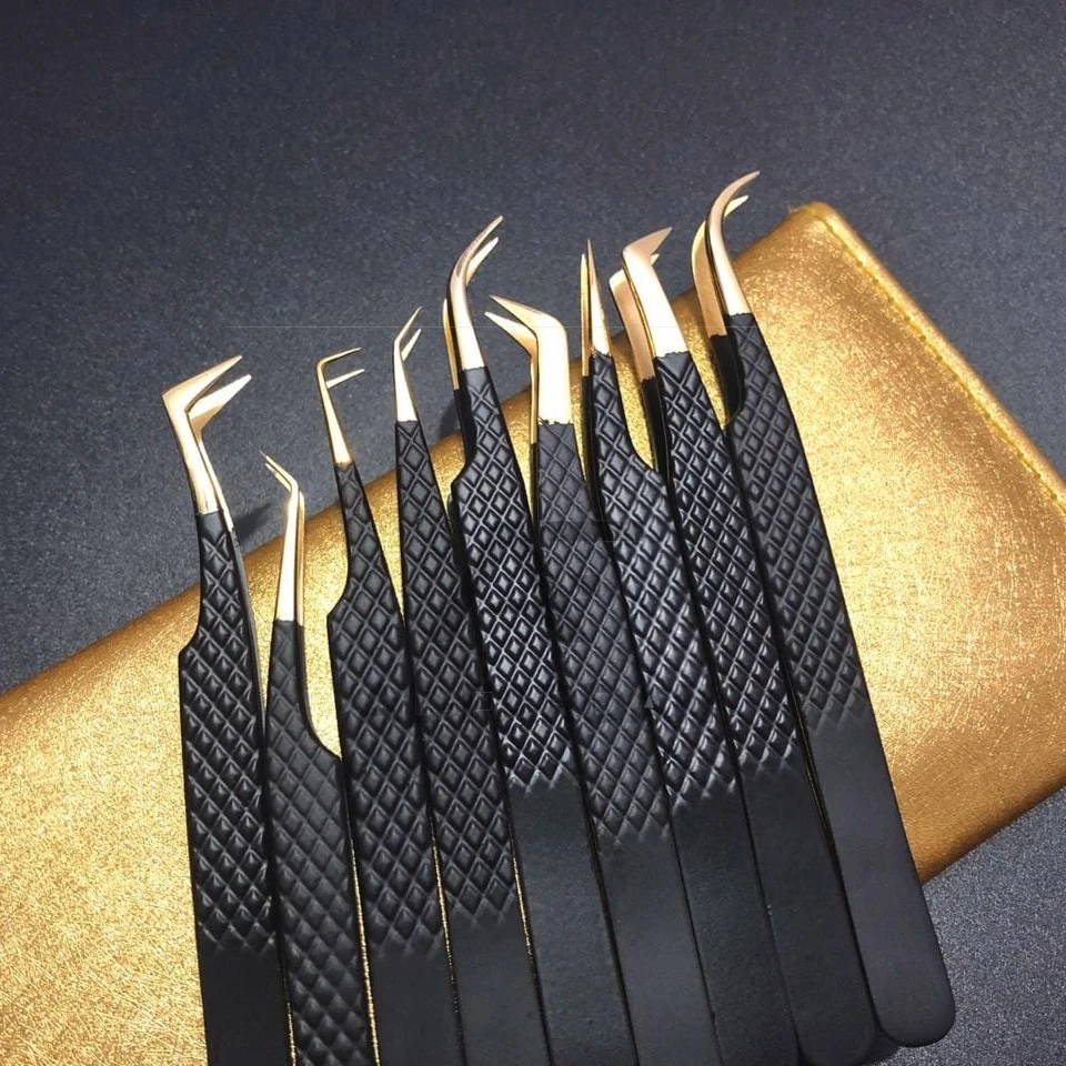Russian Volume Eyelash Extension Tweezers Solid Stainless Steel Matte Black Gold Tip Set Lash Tweezer 90 Degree Boot Tweezers