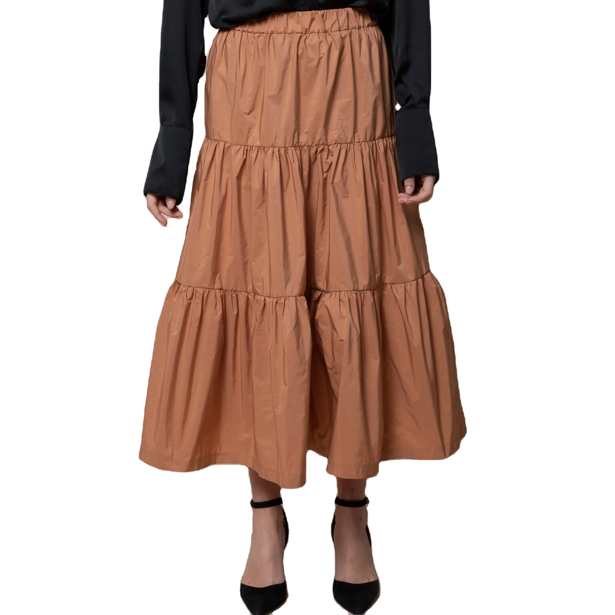 Best Italian quality 100% fabric taffeta long skirt with elastic waist, three gathered flounces. For party