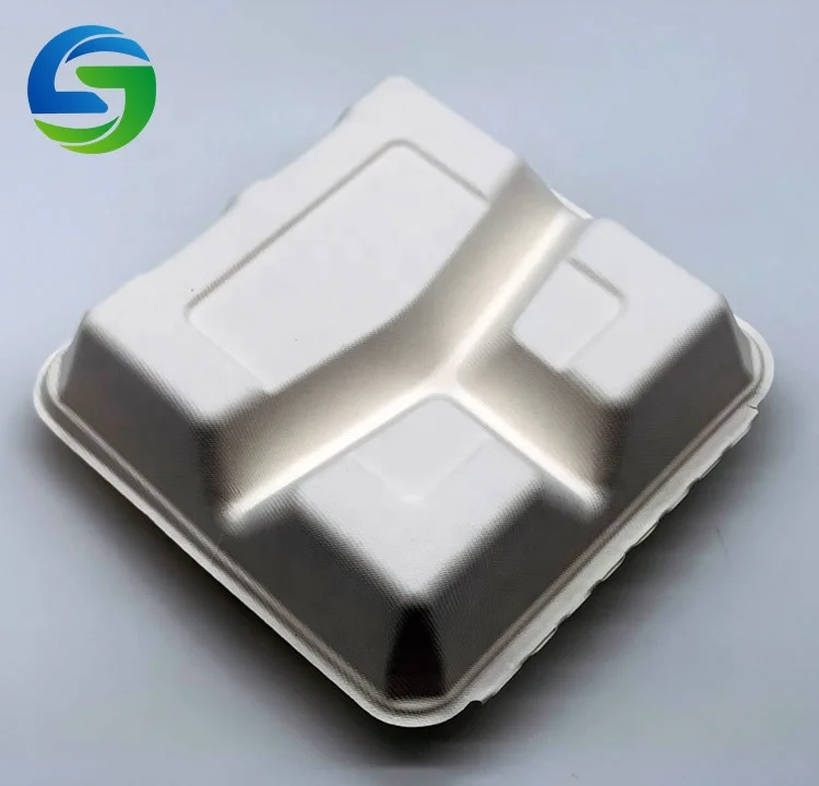 8*8 inch Green Olive 3 compartment divided food container lunch box  disposable biodegradable bagasse sugarcane container