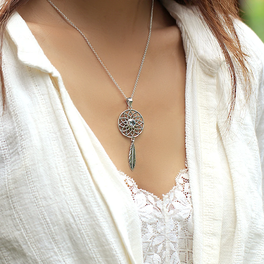 Sterling Silver Lotus Dream Catcher Pendant with Blue Topaz