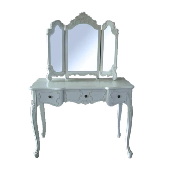 French Rococo Style Solid Wood Bedroom Furniture Antique European Design Dresser Table Mirror Set MDF Mahogany Material Home Use