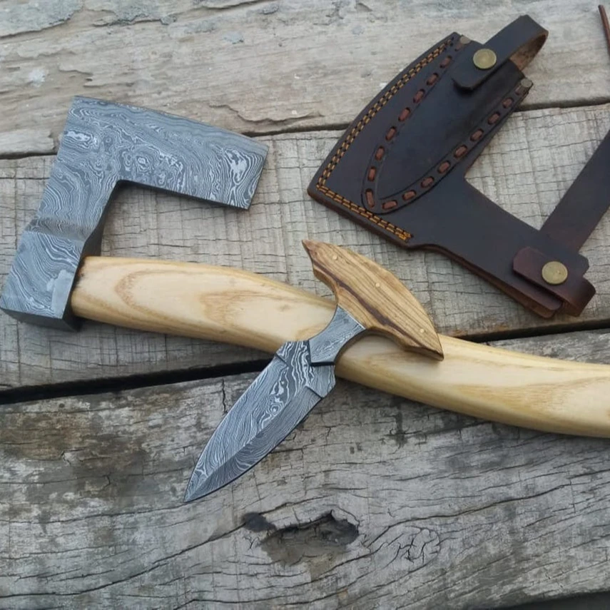 Handmade Damascus Viking Axe With Skinner