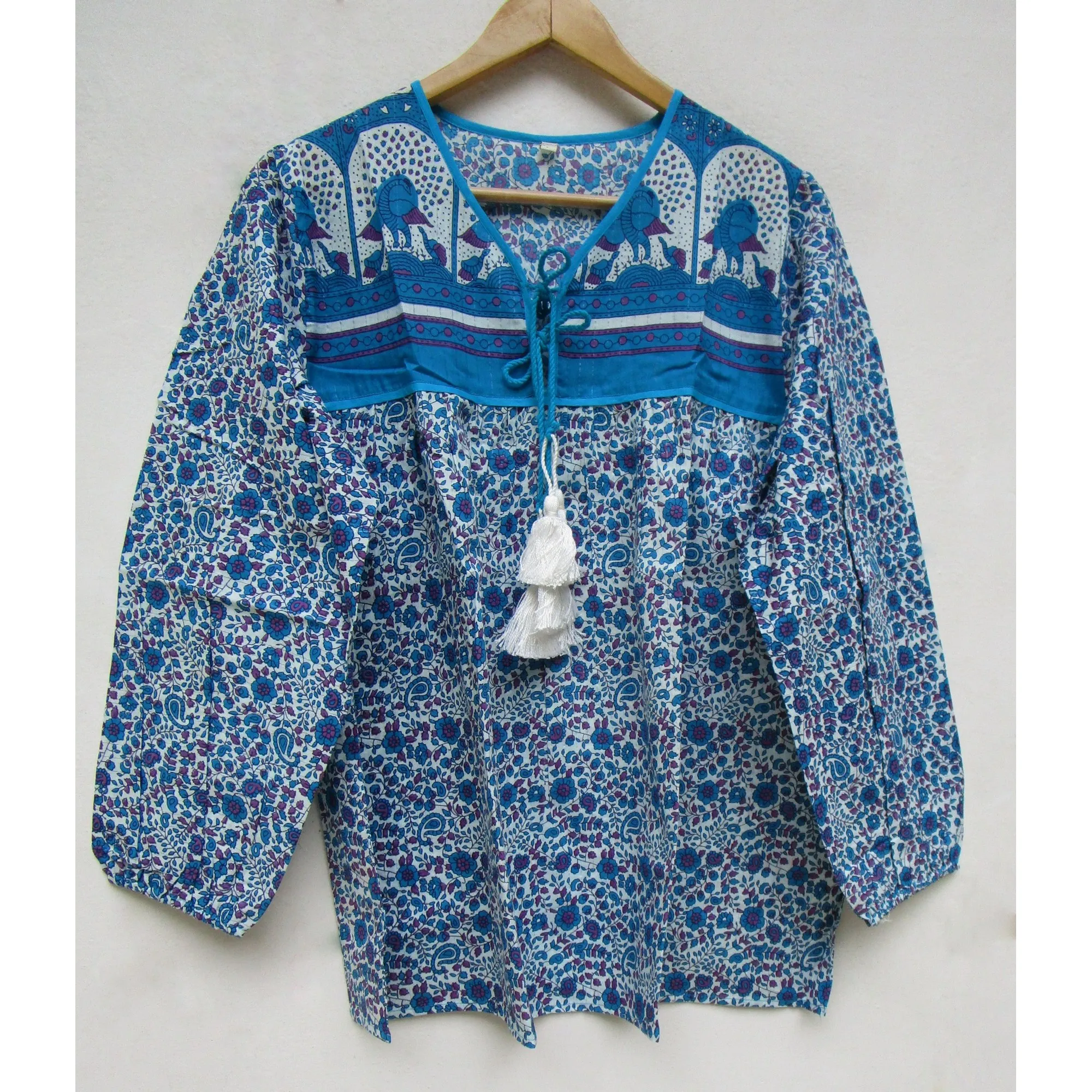 Blue and purple floral Indian printed cotton women blouse and tops - bohemian style blouse