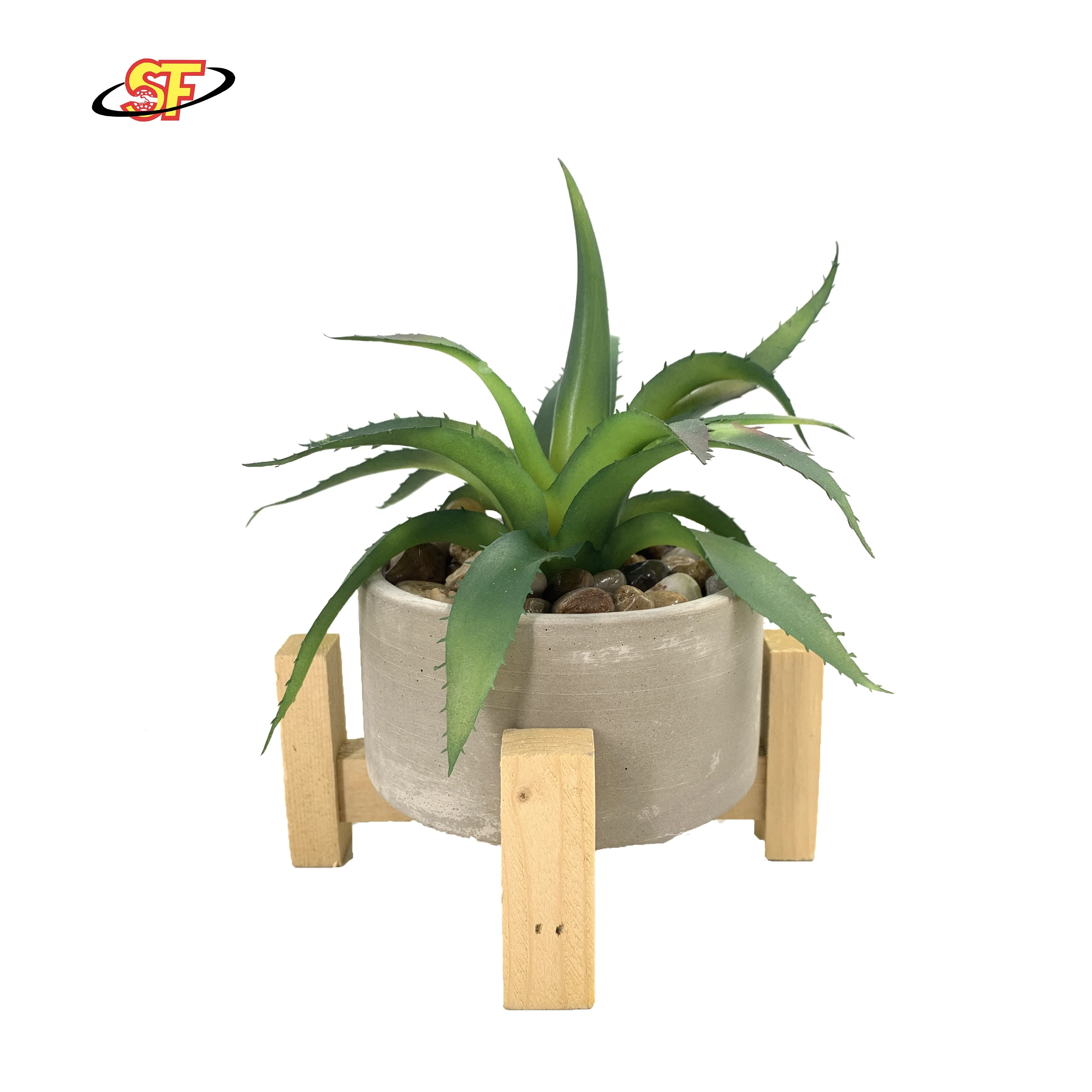 DIY PVC natural cactus artificial plant in cement pot with wood base Beer Wine Liquor Stores indoor and outdoor dorm room
