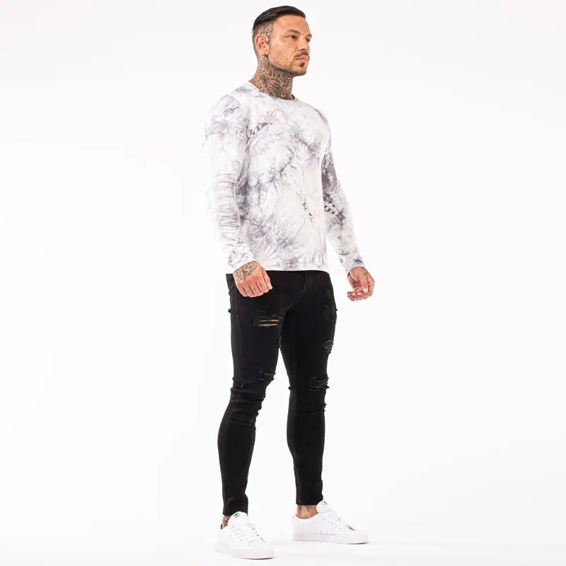 
New stylish mens clothing dropship alphalete o neck tie dye mens long sleeve fitted t shirt cotton combing t shirt men 