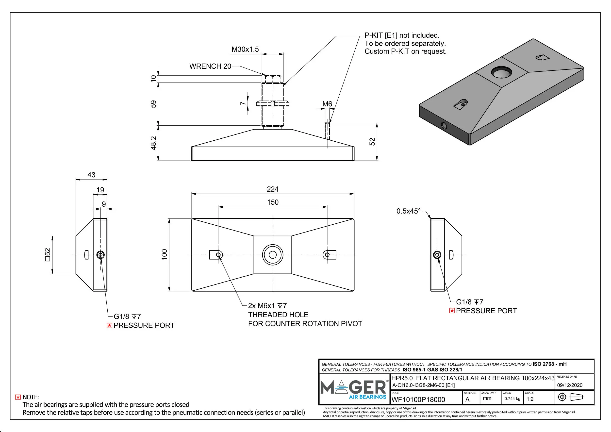 ITALY TOP SELL FLAT RECTANGULAR  ALUMINUM AIR BEARING HPR5.0 100x224x43 FOR FRICTIONLESS INDUSTRY