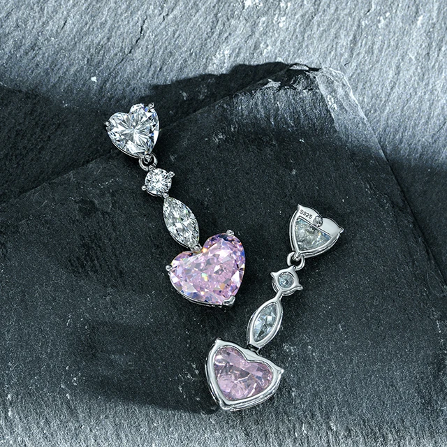 Pink Heart Earrings 925 Sterling Silver Ladies Heart Diamond Earrings