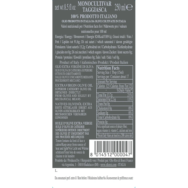 
High Quality Italian Extra Virgin Olive Oil Monocultivar Taggiasca 100 ml Bottle 
